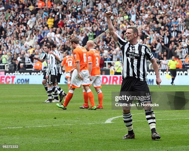 Kevin Nolan celebrates scoring the third goal during the Coca Cola Championship match between Newcastle United and Blackpool at St.James' Park on...