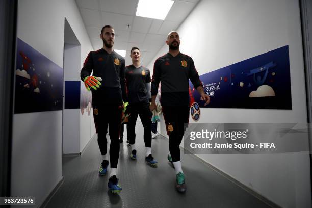 David De Gea, Kepa Arrizabalaga, and Pepe Reina of Spain walk out for the warm up prior to the 2018 FIFA World Cup Russia group B match between Spain...
