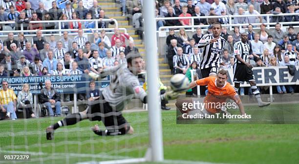 Wayne Routledge scores the fourth goal during the Coca Cola Championship match between Newcastle United and Blackpool at St.James' Park on April 10,...