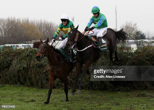 Don't Push It ridden by A.P McCoy clears the last fence alongside Black Apalachi ridden by Denis O'Regan on their way to victory in The John Smith's...