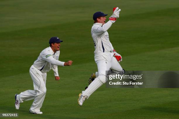 Yorkshire wicketkeeper Jonathan Bairstow and slip Jacques Rudolph celebrate after he had caught Ian Westwood during the 2nd day of the Division One...