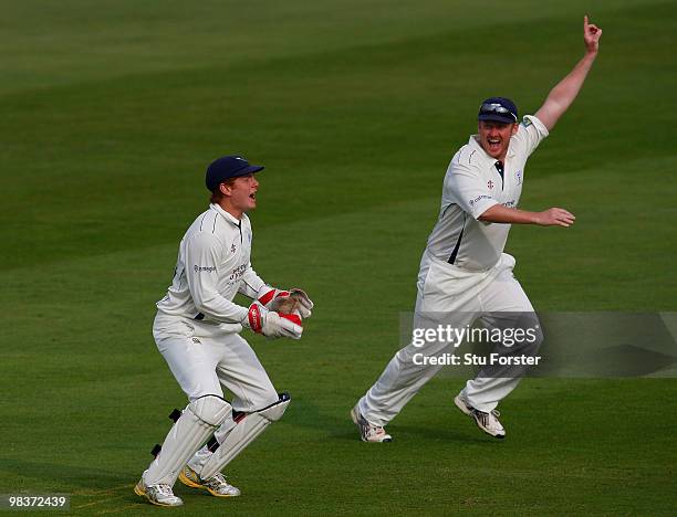 Yorkshire wicketkeeper Jonathan Bairstow and slip Anthony McGrath celebrate after he had caught Ian Westwood during the 2nd day of the Division One...