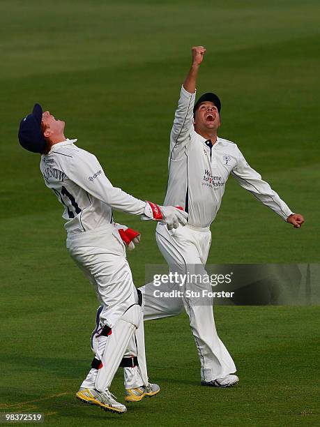 Yorkshire wicketkeeper Jonathan Bairstow and slip Jacques Rudolph celebrate after Bairstow had caught Ian Westwood during the 2nd day of the Division...