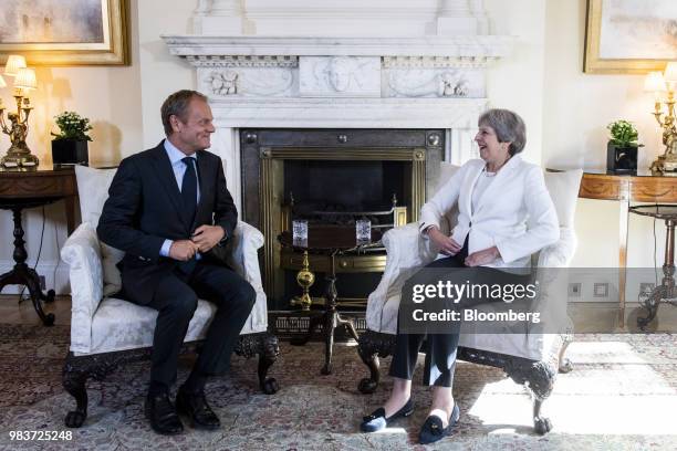 Theresa May, U.K. Prime minister, speaks while Donald Tusk, president of the European Union , left, listens during a meeting inside number 10 Downing...