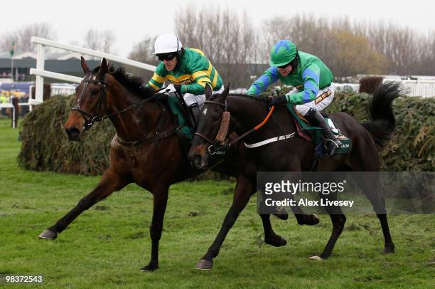 Don't Push It ridden by A.P McCoy clears the last fence and races for the finish line alongside Black Apalachi ridden by Denis O'Regan on their way...