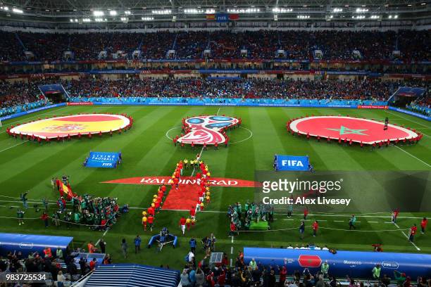 General view inside the stadium as the Morocco and Spain teams line up for the national anthems prior to the 2018 FIFA World Cup Russia group B match...