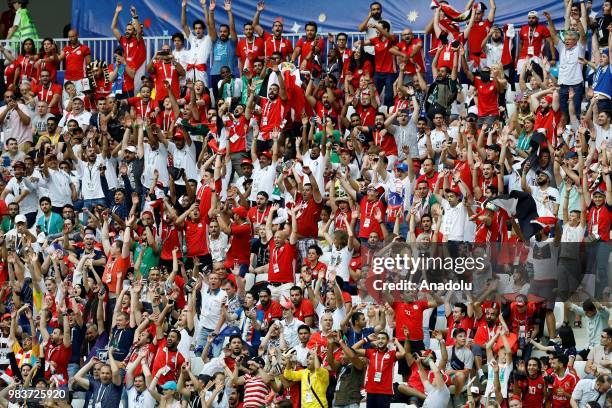 Fans are seen during the 2018 FIFA World Cup Russia Group A match between Saudi Arabia and Egypt at the Volgograd Arena in Volgograd, Russia on June...