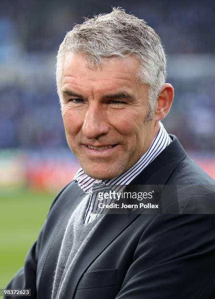 Head coach Mirko Slomka of Hannover is seen prior to the Bundesliga match between Hannover 96 and FC Schalke 04 at AWD Arena on 10 April, 2010 in...