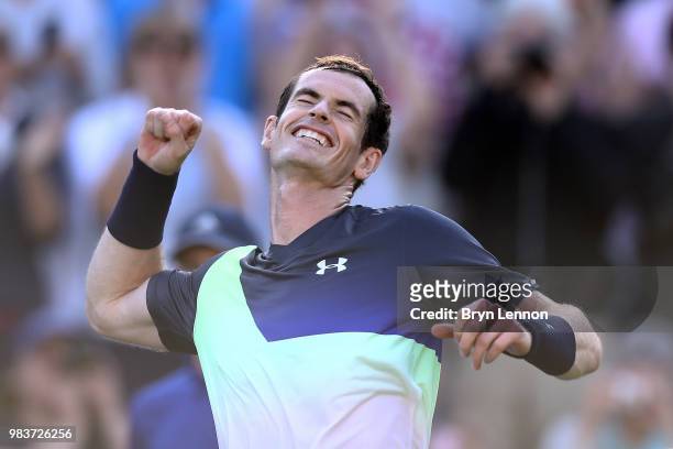 Andy Murray of Great Britain punches the air after winning his first round match against Stan Wawrinka of Switzerland on day four of the Nature...