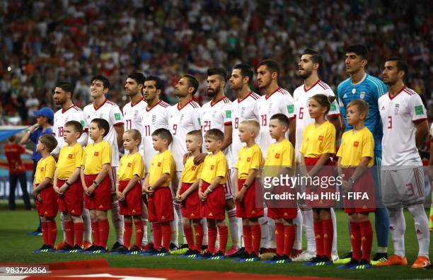Iran lines up prior to the 2018 FIFA World Cup Russia group B match between Iran and Portugal at Mordovia Arena on June 25, 2018 in Saransk, Russia.