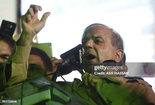 Shahbaz Sharif, the younger brother of ousted Pakistani prime minister Nawaz Sharif and the head of Pakistan Muslim League -Nawaz , delivers a speech...