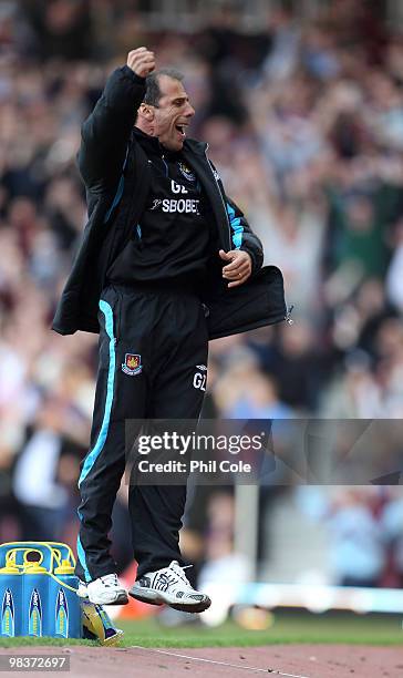 Gianfranco Zola Manager of West Ham United celebrates before a goal was disallowed during the Barclays Premier League match between West Ham United...