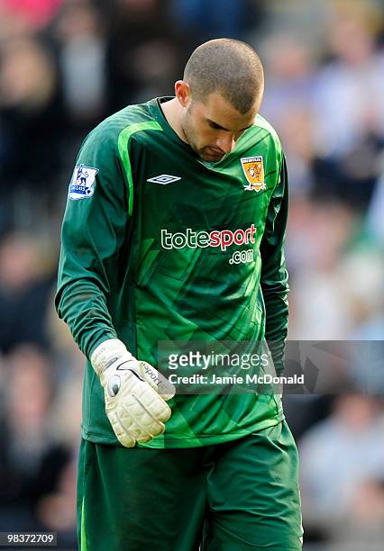 Boaz Myhill of Hull City looks dejected during the Barclays Premier League match between Hull City and Burnley at the KC Stadium on April 10, 2010 in...
