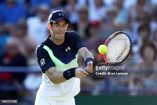 Andy Murray of Great Britain in action during his first round match against Stan Wawrinka of Switzerland on day four of the Nature Valley...