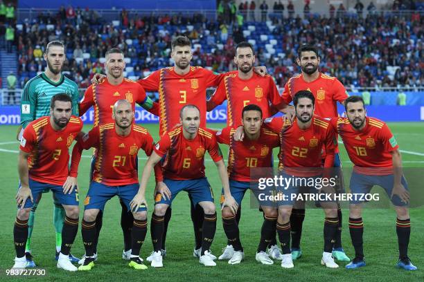 Spain's goalkeeper David De Gea, Spain's defender Sergio Ramos, Spain's defender Gerard Pique, Spain's midfielder Sergio Busquets, Spain's forward...
