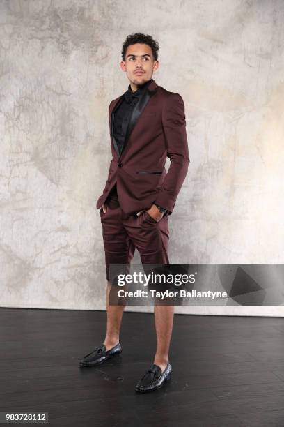 Draft: Portrait of Atlanta Hawks No 5 pick Trae Young posing during photo shoot after selection process at Barclays Center. Behind the Scenes. Young...