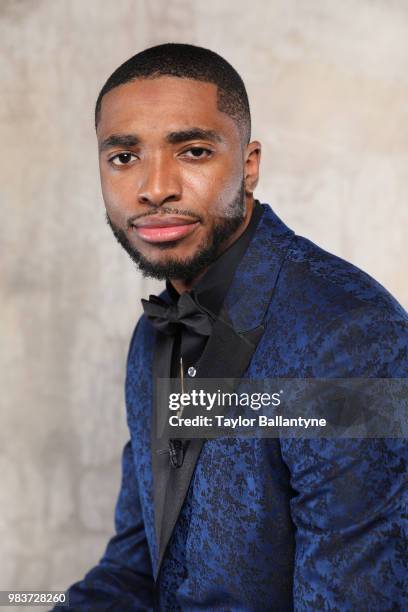 Draft: Portrait of Phoenix Suns No 10 pick Mikal Bridges posing during photo shoot after selection process at Barclays Center. Behind the Scenes....