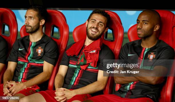 Joao Moutinho, Bernardo Silva and Ricardo of Portugal look on prior to the 2018 FIFA World Cup Russia group B match between Iran and Portugal at...