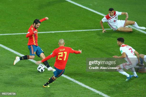 Isco of Spain scores his team's first goal during the 2018 FIFA World Cup Russia group B match between Spain and Morocco at Kaliningrad Stadium on...