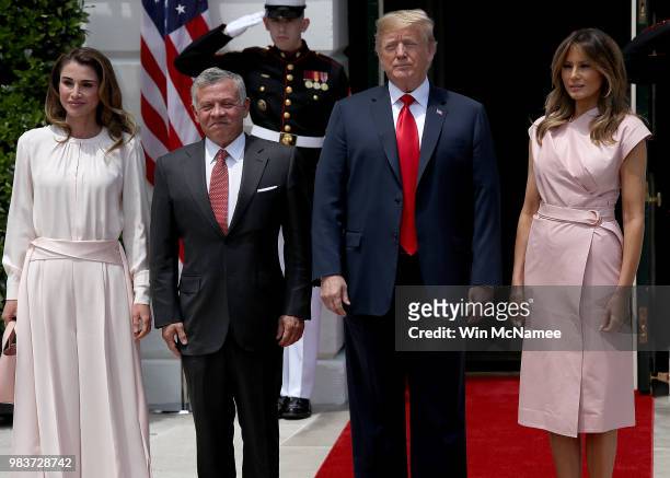 President Donald Trump and first lady Melania Trump welcome King Abdullah of Jordan and Queen Rania to the White House June 25, 2018 in Washington,...