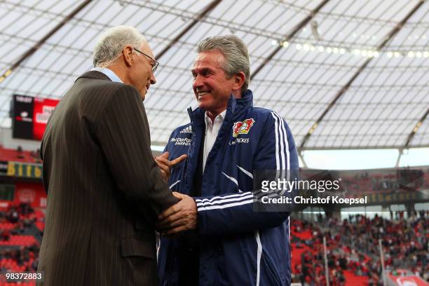 Franz Beckenbauer and head coach Jupp Heynckes of Leverkusen talk before the Bundesliga match between Bayer Leverkusen and FC Bayern Muenchen at the...