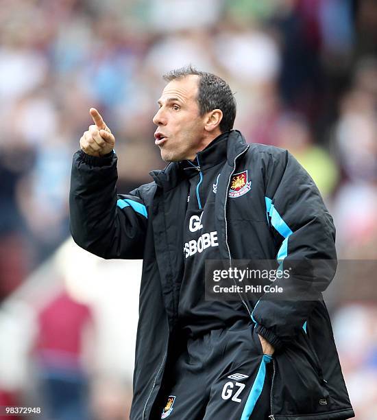 Gianfranco Zola Manager of West Ham United during the Barclays Premier League match between West Ham United and Sunderland at Upton Park on April 10,...