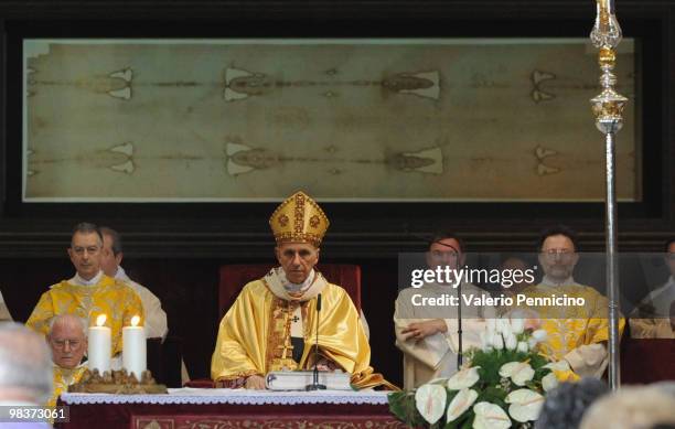 Cardinal Severino Poletto, custodian of the Holy Shroud and Archbishop of Turin, celebrates the Holy Mass during the Solemn Exposition Of The Holy...