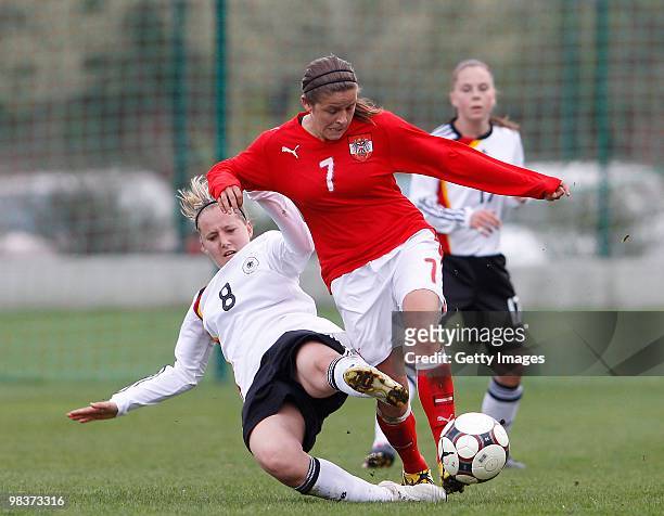 Jana Blessing of Germany battles for the ball with Laura Feiersinger of Austria during the U17 Women Euro Qualifier match between Austria and Gemany...