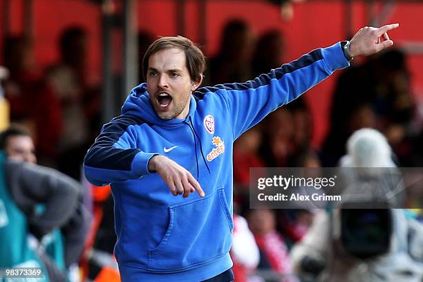 Head coach Thomas Tuchel of Mainz gestures during the Bundesliga match between FSV Mainz 05 and Borussia Dortmund at the Bruchweg Stadium on April...