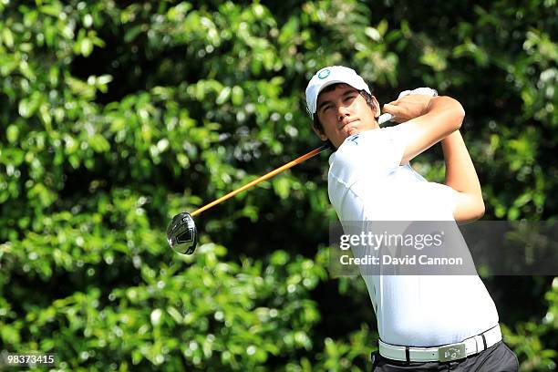 Amateur Matteo Manassero of Italy watches his tee shot on the fifth hole during the third round of the 2010 Masters Tournament at Augusta National...