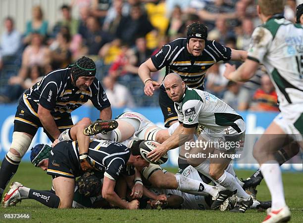 Paul Hodgson of London Irish feeds the ball to his backs during the Guinness Premiership match between Worcester Warriors and London Irish at Sixways...