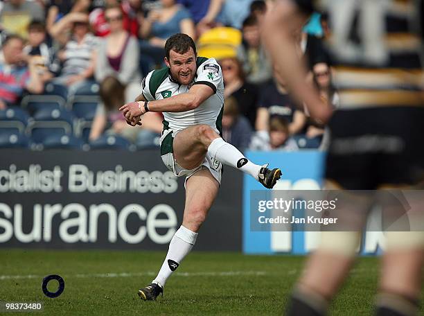 Chris Malone of London Irish converts the try during the Guinness Premiership match between Worcester Warriors and London Irish at Sixways Stadium on...