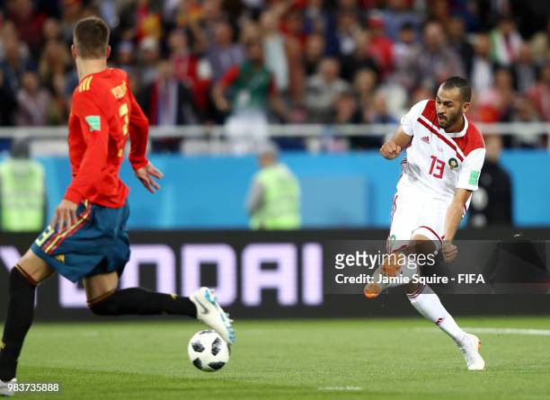 Khalid Boutaib of Morocco scores his team's first goal during the 2018 FIFA World Cup Russia group B match between Spain and Morocco at Kaliningrad...