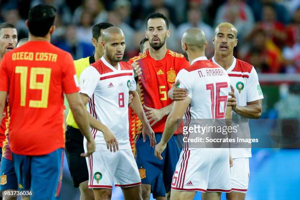 Karim El Ahmadi of Morocco, Sergio Busquets of Spain, Nordin Amrabat of Morocco during the World Cup match between Spain v Morocco at the Kaliningrad...
