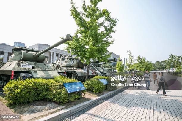 South Korean family walks past the tanks which were used during the Korean War at the War Memorial of Korea, on June 24, 2018 in SEOUL, South Korea....