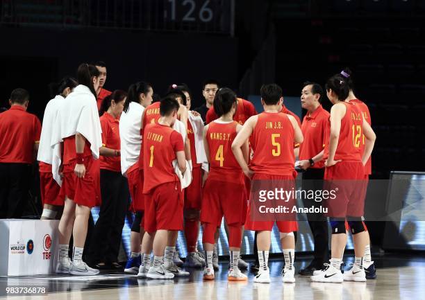 Head coach of China Li-Min Xu gives tactics to his players during the friendly women's basketball match between Turkey and China at Sinan Erdem Dome...