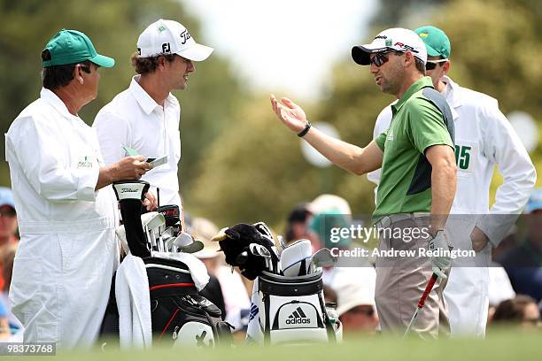 Adam Scott of Australia greets Sergio Garcia of Spain on the first tee during the third round of the 2010 Masters Tournament at Augusta National Golf...