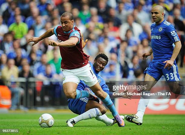 Gabriel Agbonlahor of Aston Villa is tackled by Jon Obi Mikel of Chelsea during the FA Cup sponsored by E.ON Semi Final match between Aston Villa and...