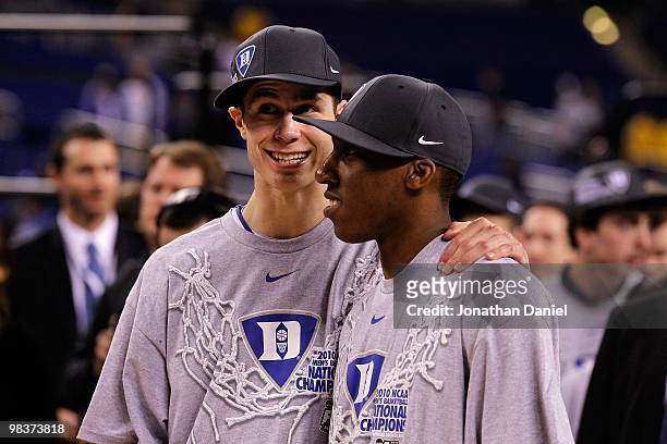 Jon Scheyer and Nolan Smith of the Duke Blue Devils celebrate after they won 61-59 against the Butler Bulldogs during the 2010 NCAA Division I Men's...