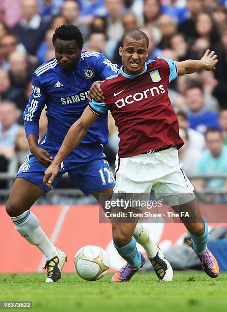 Gabriel Agbonlahor of Aston Villa is tackled by Jon Obi Mikel of Chelsea during the FA Cup sponsored by E.ON Semi Final match between Aston Villa and...