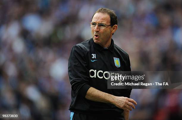 Aston Villa manager Martin O'Neill reacts during the FA Cup sponsored by E.ON Semi Final match between Aston Villa and Chelsea at Wembley Stadium on...