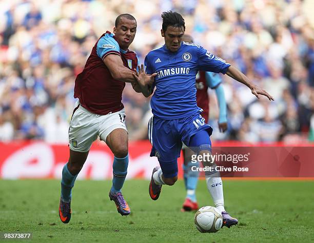 Gabriel Agbonlahor of Aston Villa and Paulo Ferreira of Chelsea battle for the ball during the FA Cup sponsored by E.ON Semi Final match between...