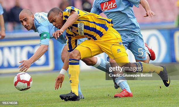 Paolo Cannavaro of Napoli and Ludovic Biabiany of Parma in action during the Serie A match between SSC Napoli and Parma FC at Stadio San Paolo on...