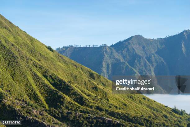 mount batok (2,470m), though lying adjacent to mount bromo. with a perfect triangular mountain top, rising from a sea of volcanic ash surrounding the mount bromo caldera. east java of indonesia. - shaifulzamri bildbanksfoton och bilder