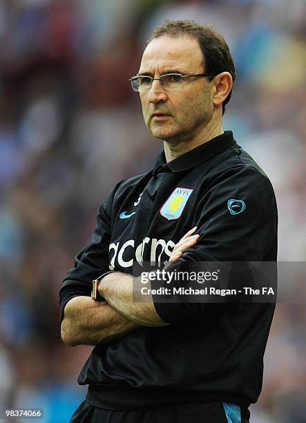 Aston Villa manager Martin O'Neill watches his team during the FA Cup sponsored by E.ON Semi Final match between Aston Villa and Chelsea at Wembley...