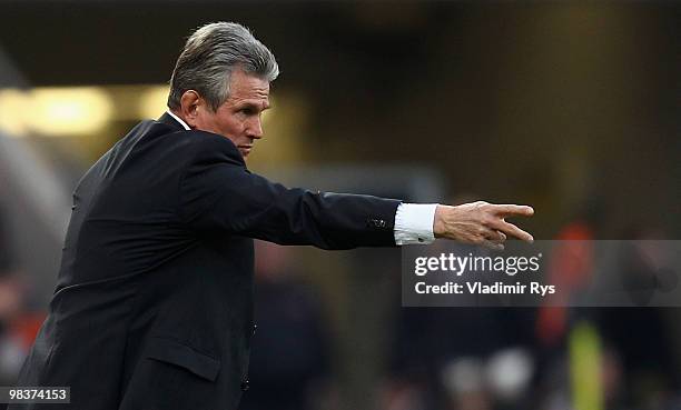 Leverkusen head coach Jupp Heynckes gestures during the Bundesliga match between Bayer Leverkusen and FC Bayern Muenchen at BayArena on April 10,...