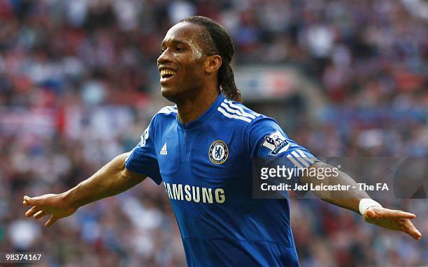 Didier Drogba of Chelsea celebrates scoring the opening goal during the FA Cup sponsored by E.ON Semi Final match between Aston Villa and Chelsea at...