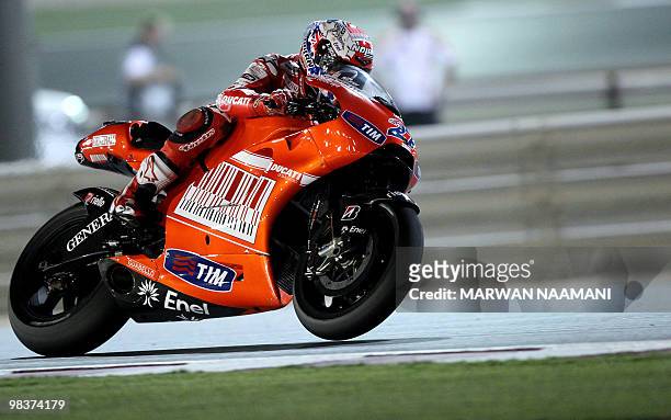Australia's Casey Stoner of Ducati Marlboro Team races during the 2010 MotoGP free practice at the Losail International Circuit in Doha on April 10,...