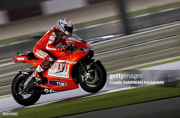 Australia's Casey Stoner of Ducati Marlboro Team races during the 2010 MotoGP free practice at the Losail International Circuit in Doha on April 10,...