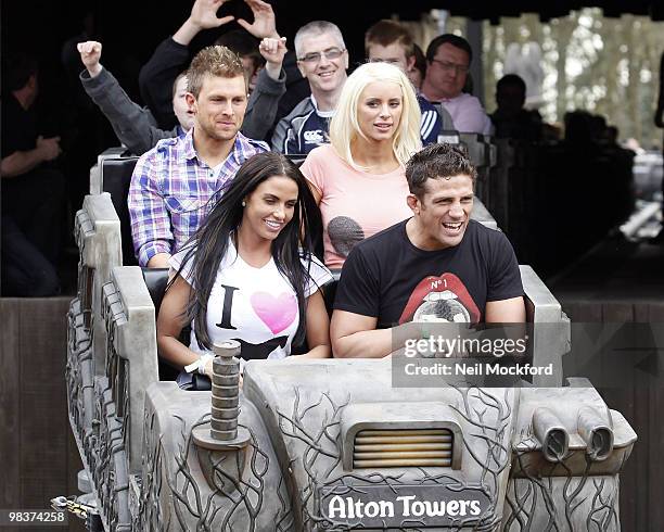 Katie Price, Emma B and Alex Reid visit Alton Towers on April 10, 2010 in Alton, England.